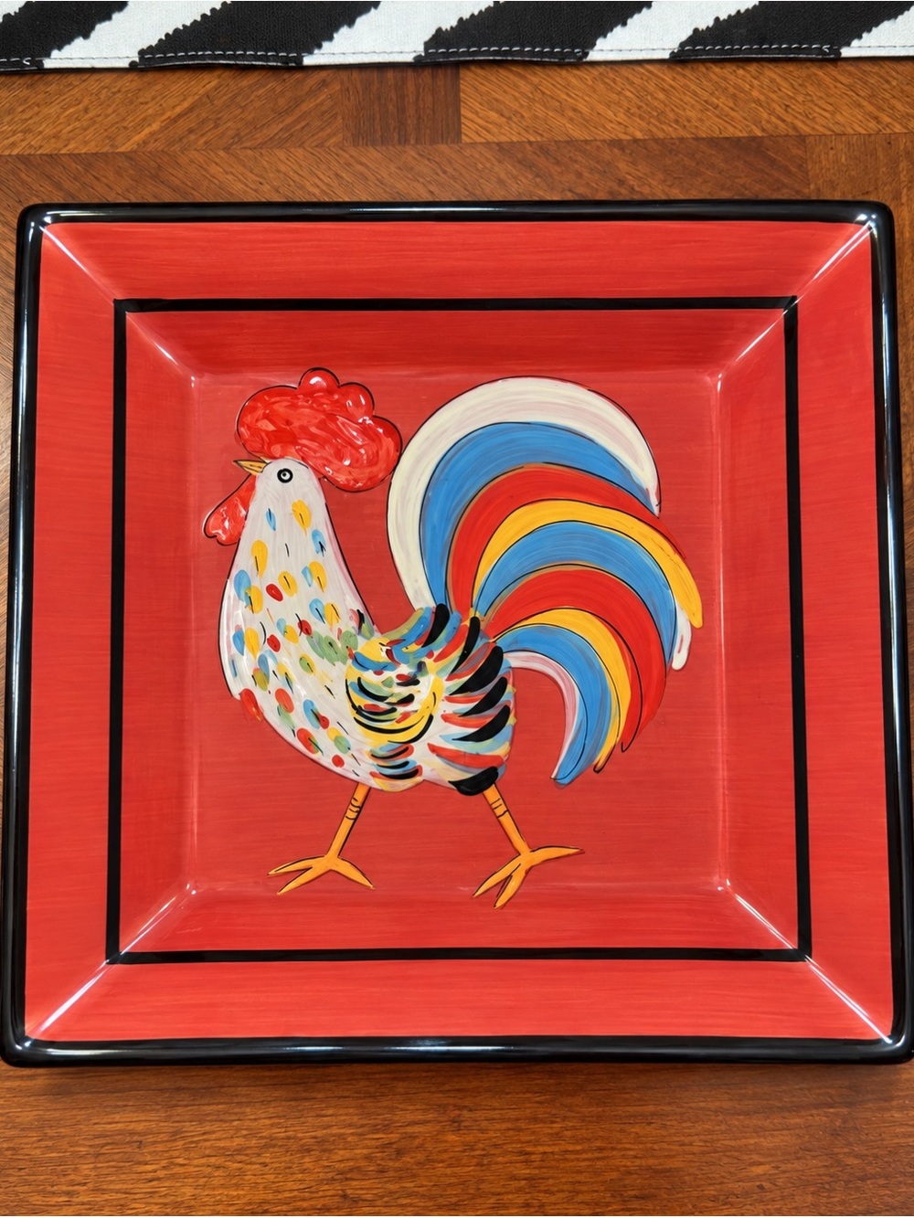 Farmhouse Red Rooster Square Decorative Dinner Plate – Multicolor Accent